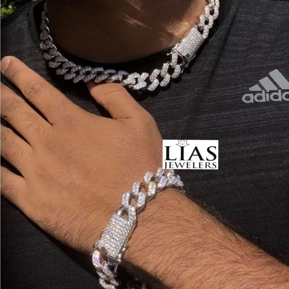 New 18k white gold filled Cuban link chain and bracelet